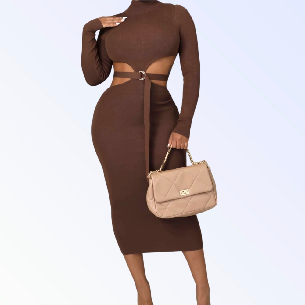Elegant Brown Cut-Out Dress